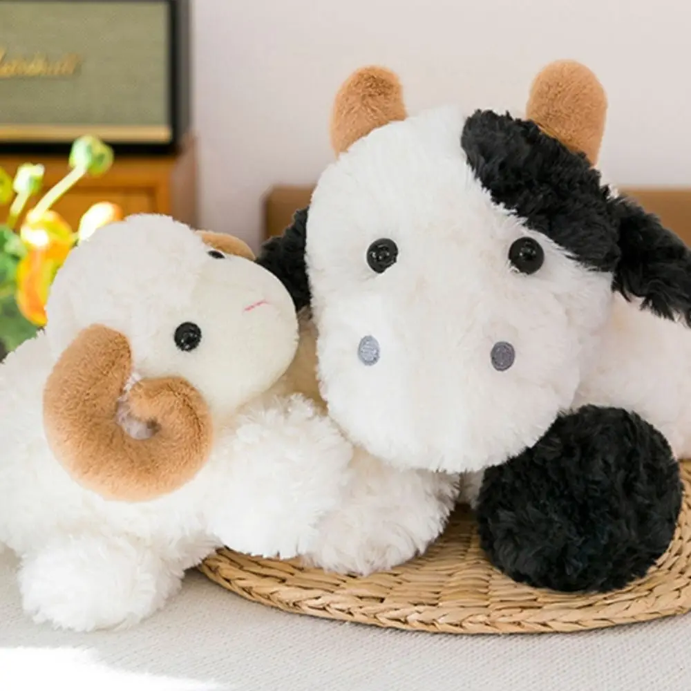Liegendes Baby-Ziegen- und Kuh-Plüschtier aus PP-Baumwolle, flauschig, niedliches Tier, gefüllt, weich, große Hörner, Ziege, Ostergeschenke