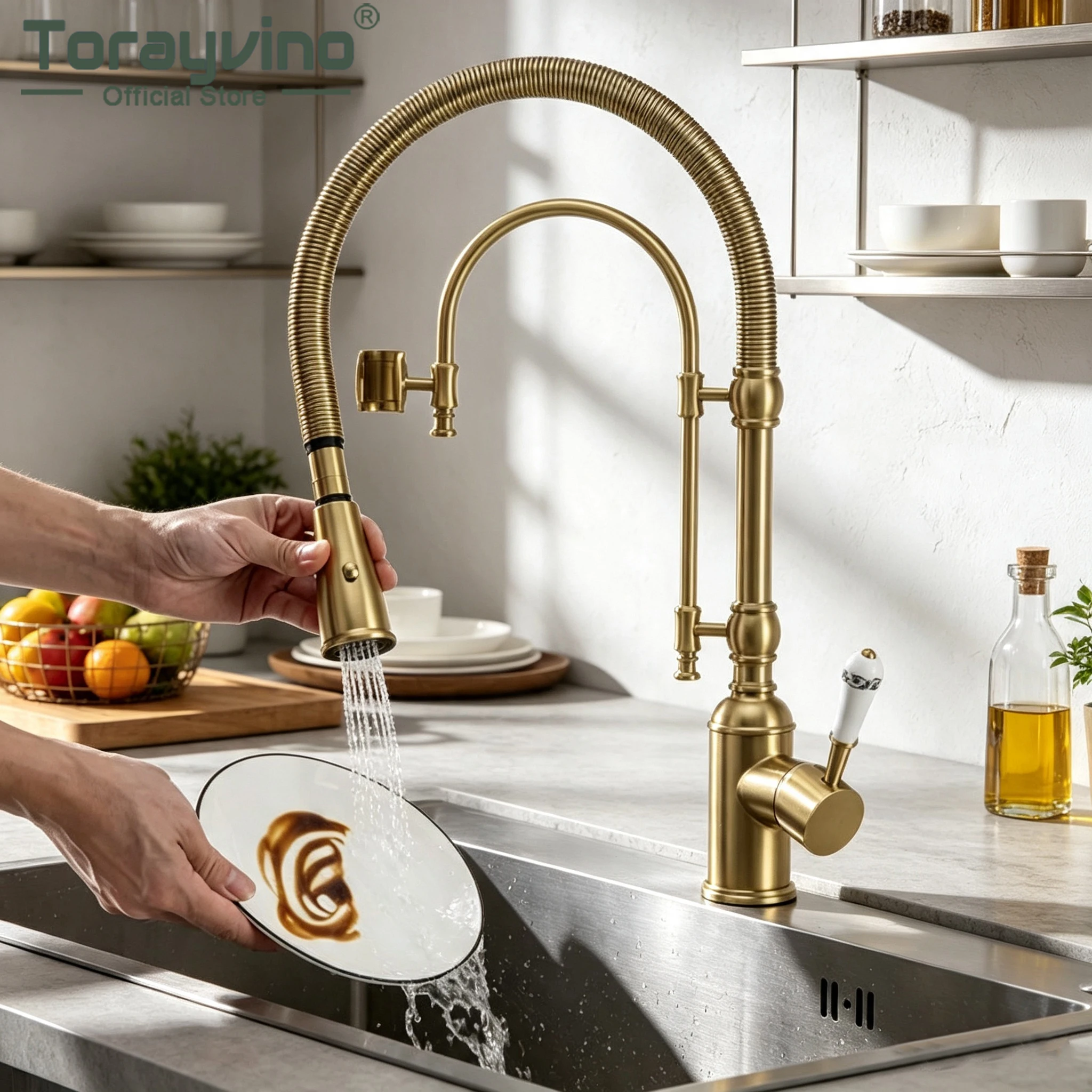 Torayvino Golden Spring Pull Down Kitchen Sink Faucet Hot and Cold Basin Crane Tap with Dual Spout Deck Mounted Mixer Water Tap