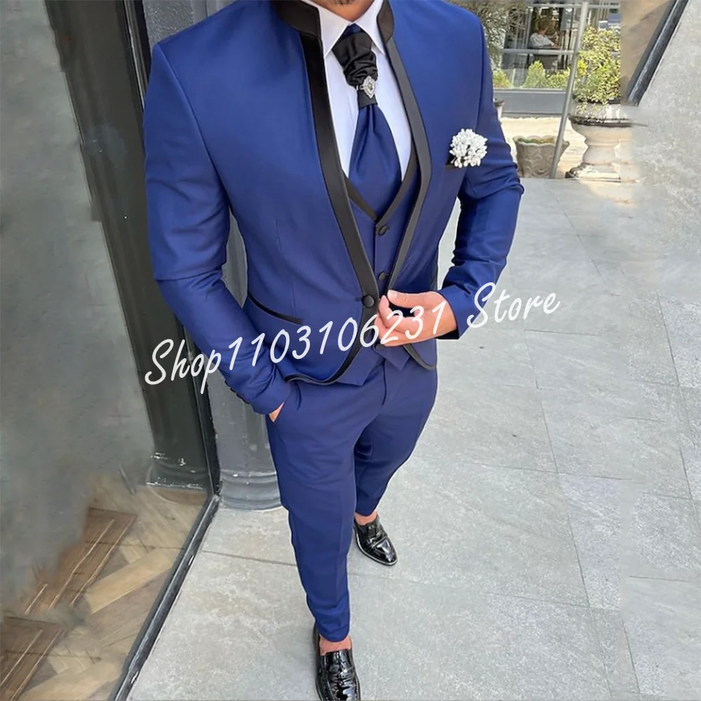 Fashion Navy Wedding Suits Men Blazer Single Breasted Luxury Terno 3 Piece Male Jacket Pants Vest Slim Fit Costume Homme