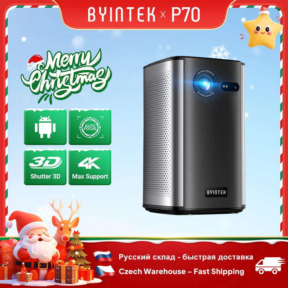 

BYINTEK P70 Проектор 4K 1080P DLP Мини Портативный проектор Домашний кинотеатр Smart Wi-Fi и Bluetooth для фильмов и игр с аккумулятором
