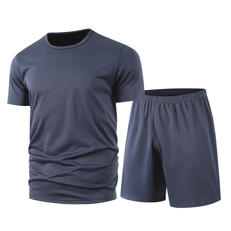 

2-piece summer men's mesh multi-color short sleeved shorts set, comfortable sports solid color T-shirt top, loose casual pants
