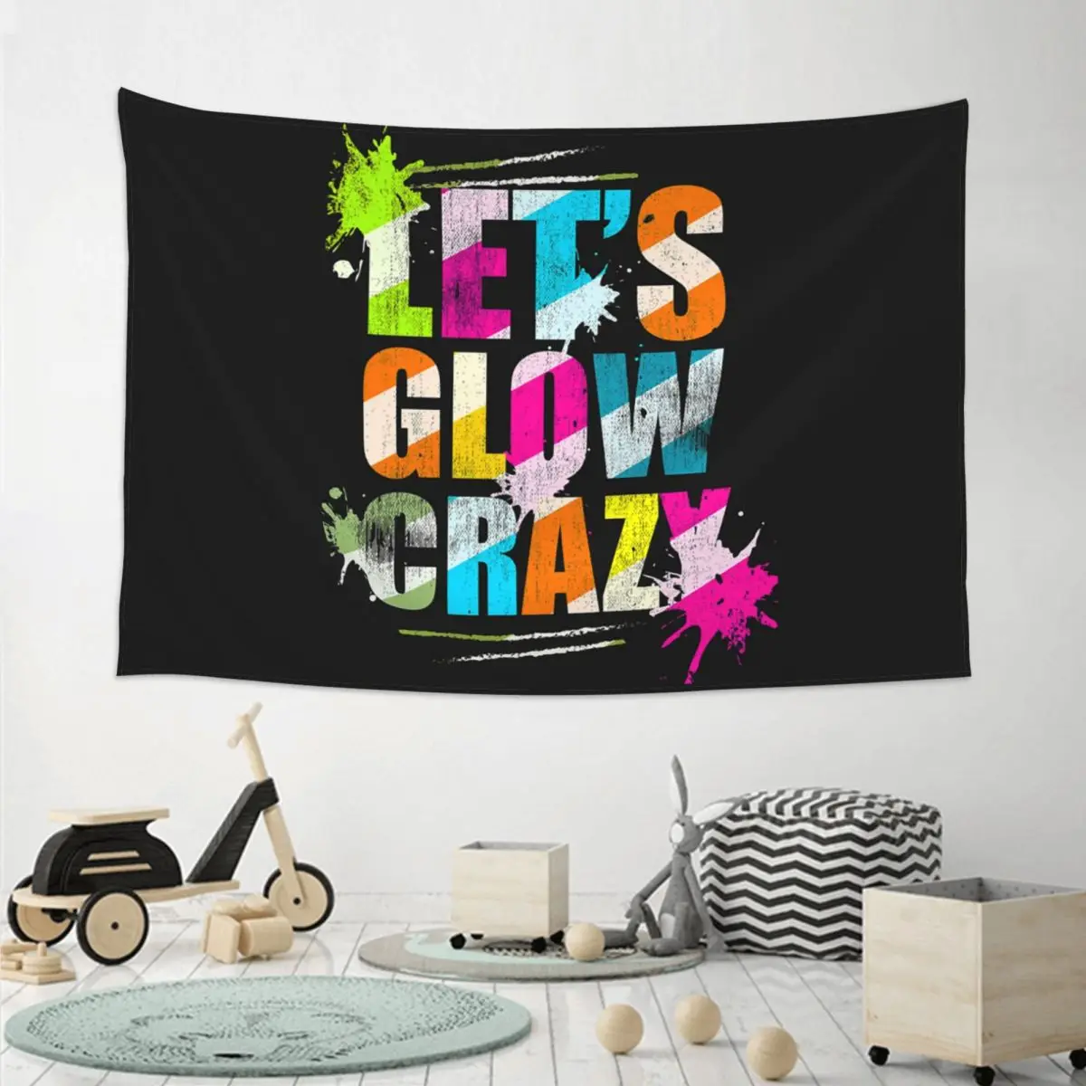 Let's Crazy Neon Party Light Rave Tapestry Funny Wall Hanging Aesthetic Home Decor Tapestries for Living Room Bedroom Dorm Room