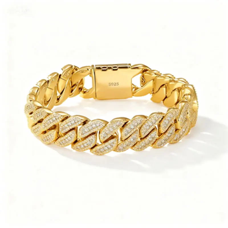 

S925 Sterling Silver Cuban Link Bracelet, 18K Gold Plated Iced Out Moissanite Bracelet, Hip Hop Jewelry for Men Women