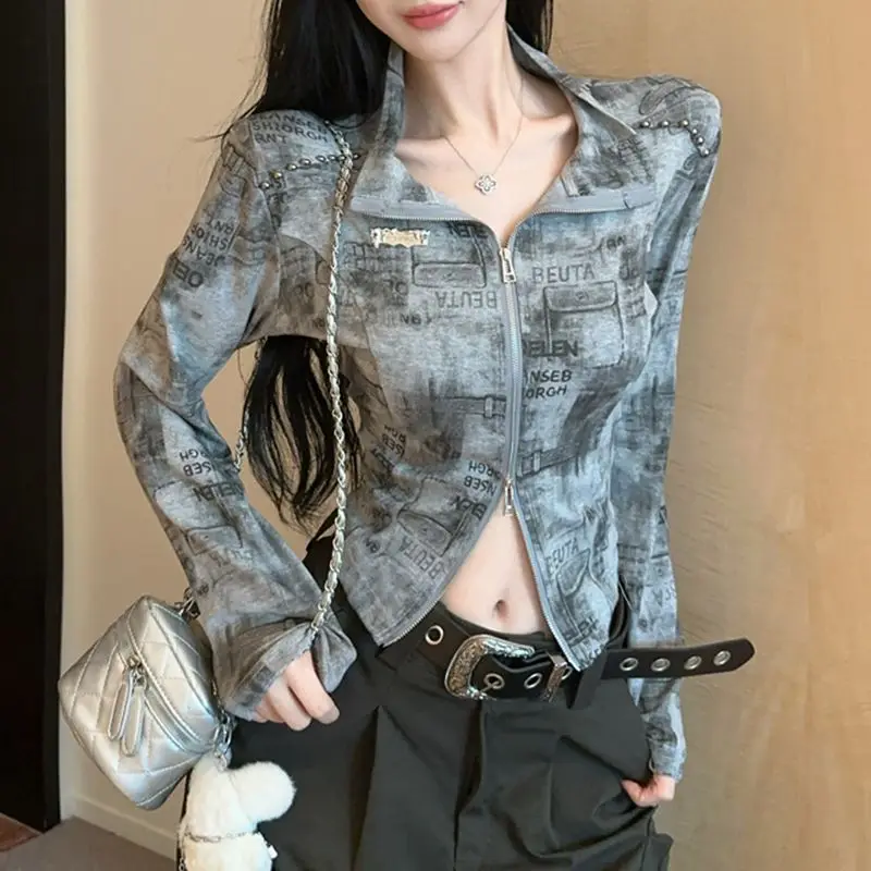 

Korean Style Zipper Stand Collar Dyed in Dyestuff Women's Jacket Rivet Label Short Coat Spring Autumn New Style Sexy Girl
