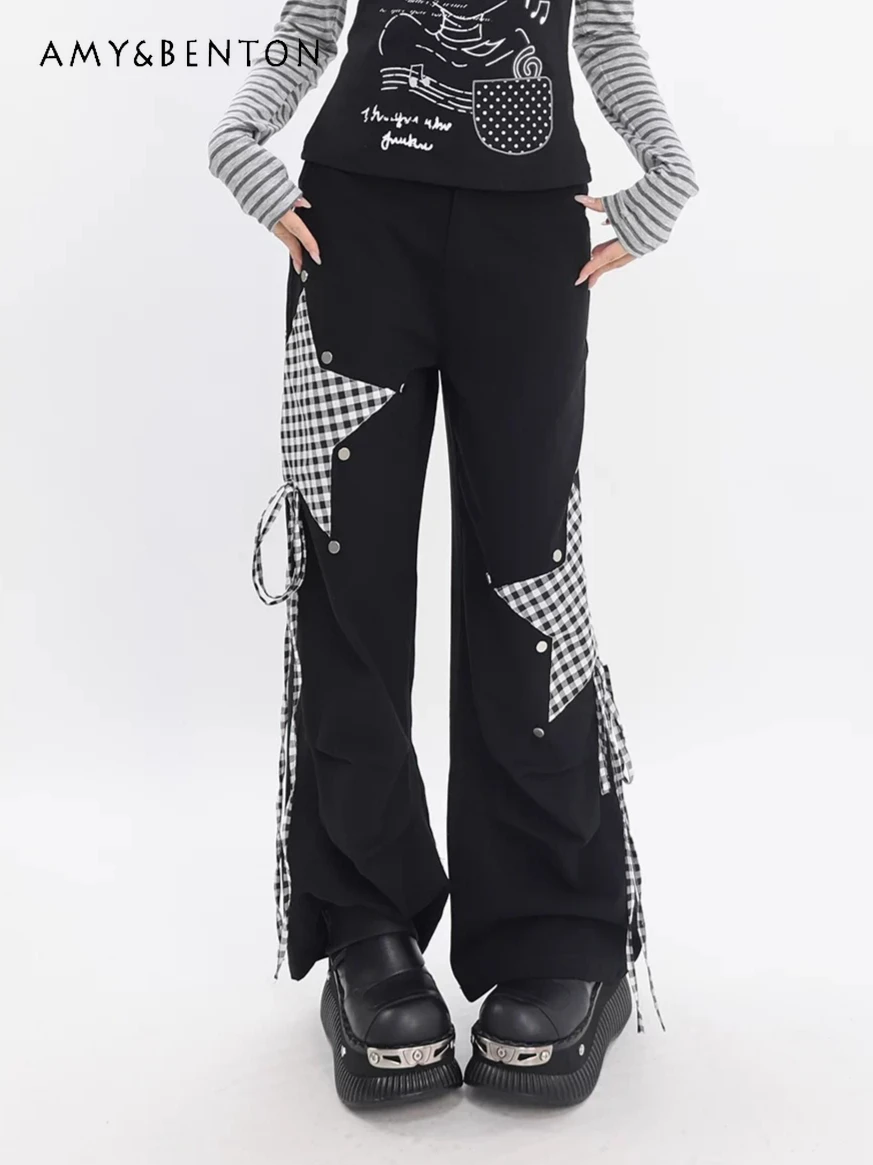 

Original Harajuku Style Sweet Cool Girl Casual Asymmetrical Rivet Strap Cargo Pants Hot Girl Y2K High Waist Wide-leg Trousers