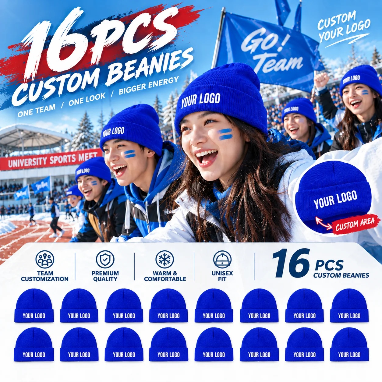 16 custom knit hats, you can print your logo, text, or design on them, available in various colors, perfect for teams, clubs, co