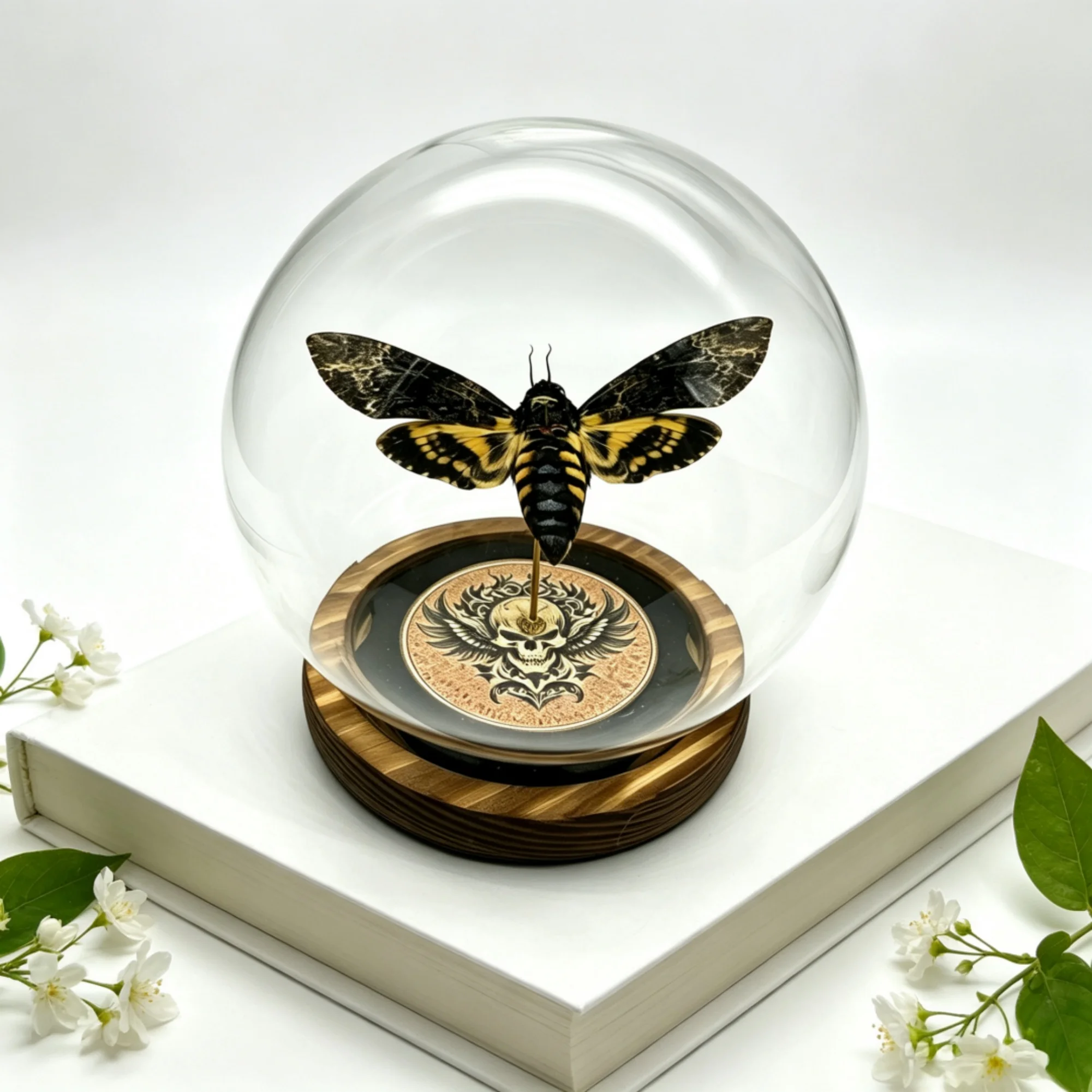 Ghost face moth specimen, glass ball cover ornament, real insect specimen, Gothic style desktop decoration, curiosity collection