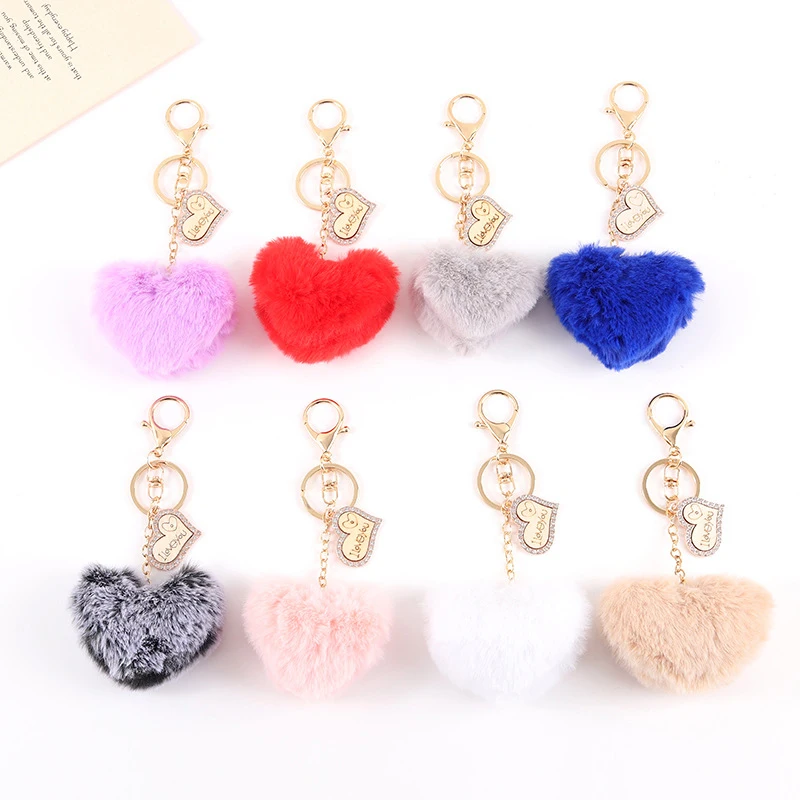 New Fluffy Love Pompon Keyring Jewelry Soft Heart Pompom Plush Ball Keychain For Women Car Bag Pendant Fashion Jewelry