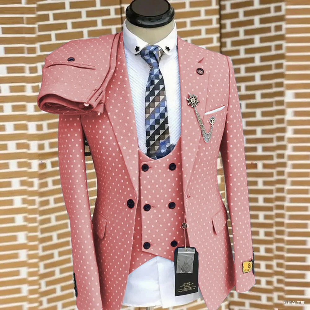 Fashion Dot Suits for Men Navy Blue Chic Notch Lapel Male Blazer Set Formal Casual Wedding Tuxedo 3 Piece (Jacket+Vest+Pants)