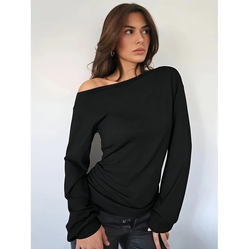 [Off-Shoulder |   Pleated] Women's Off-Shoulder Pleated T-Shirt |   Autumn Long Sleeve Solid Color Easy
