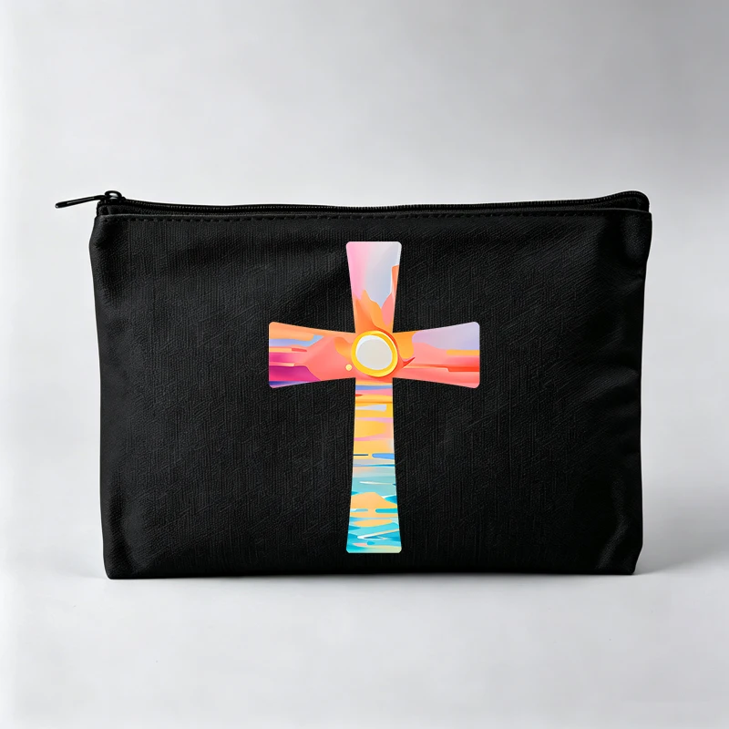 Cross Graphic Makeup Bag with Abstract Sunset Design, Zipper Cosmetic Pouch for Daily Use