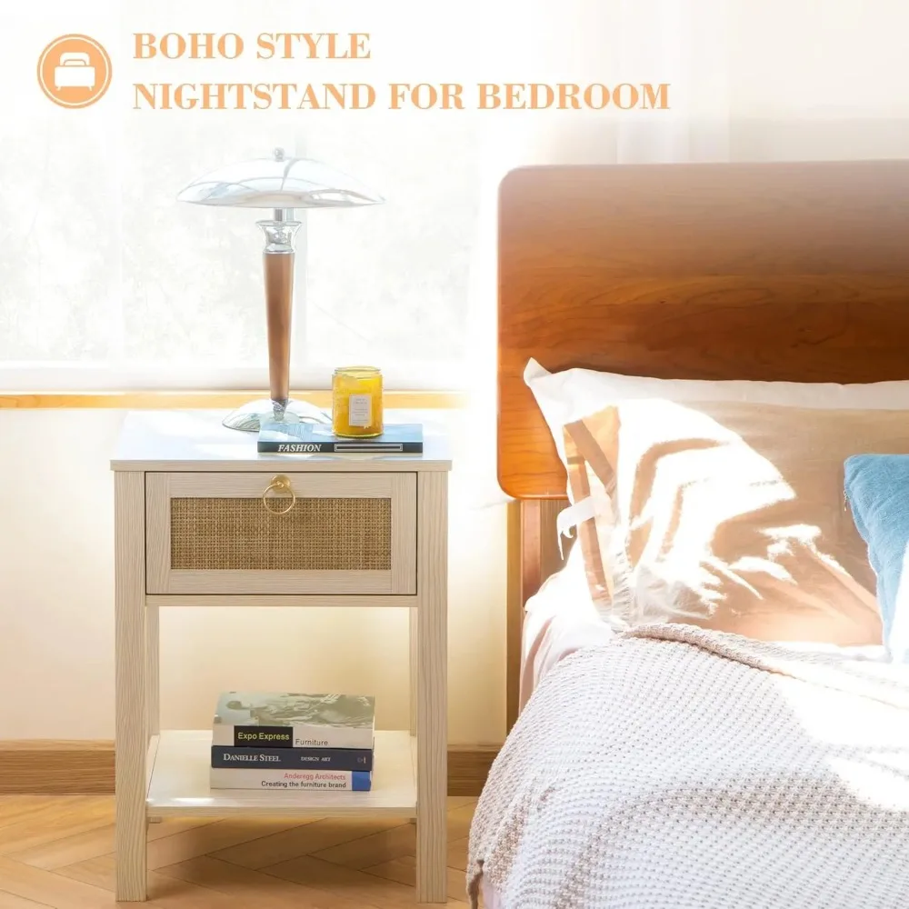 White Nightstand Set of 2,Rattan Decor Drawer with Brass Knobs Night Stand Wood Bedside Table Boho End Tables Side Tables with