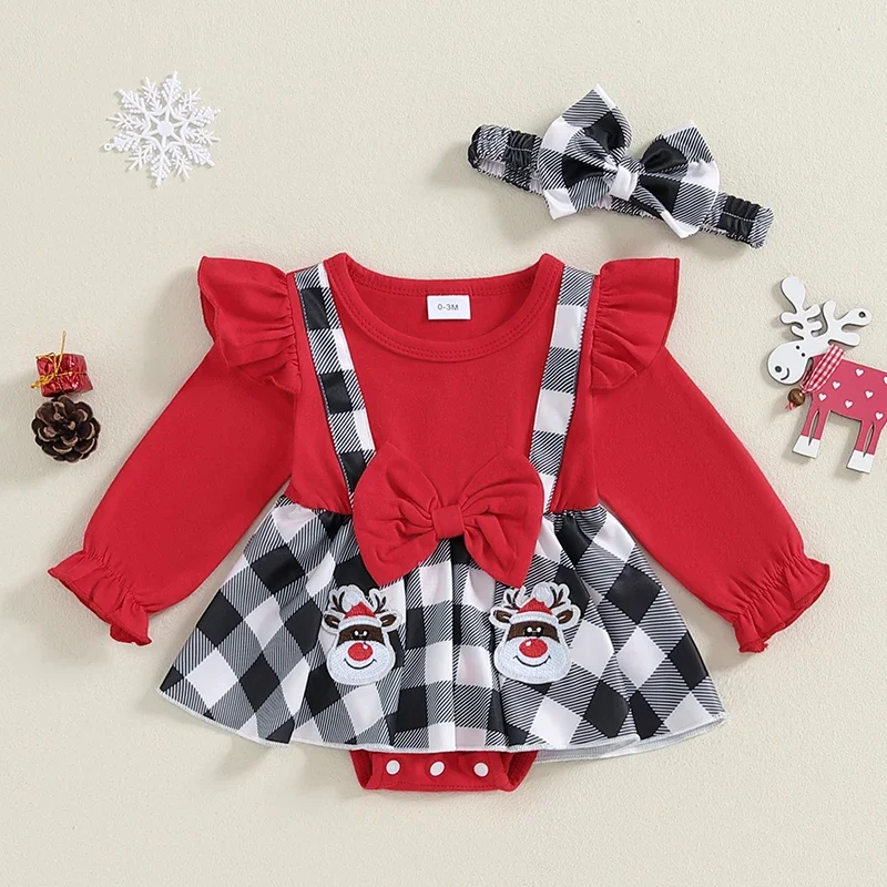 Baby Girl Checkered Pit Strip Splicing Checkered Doll Ha Dress Jumping Skirt Long Sleeve Ruffle Edge Gingerbread  Pants Bow Set