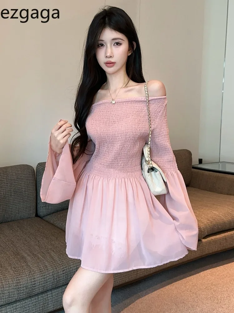 

Ezgaga Blouse Women Sexy Sweet Slash Neck Off Shoulder Long Sleeve Ruched Solid Elegant French Style Chic Shirts Female Casual
