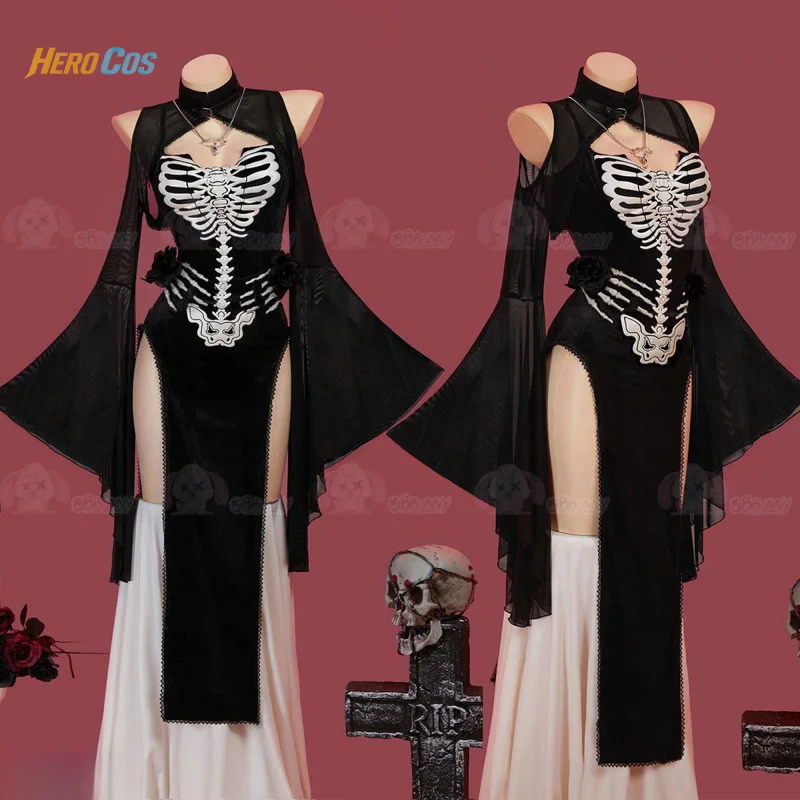 Robe gothique foncée avec poème squelette, Costume de Cosplay pour fête d'halloween, tenue de jeu de rôle pour femmes, HERO Cos