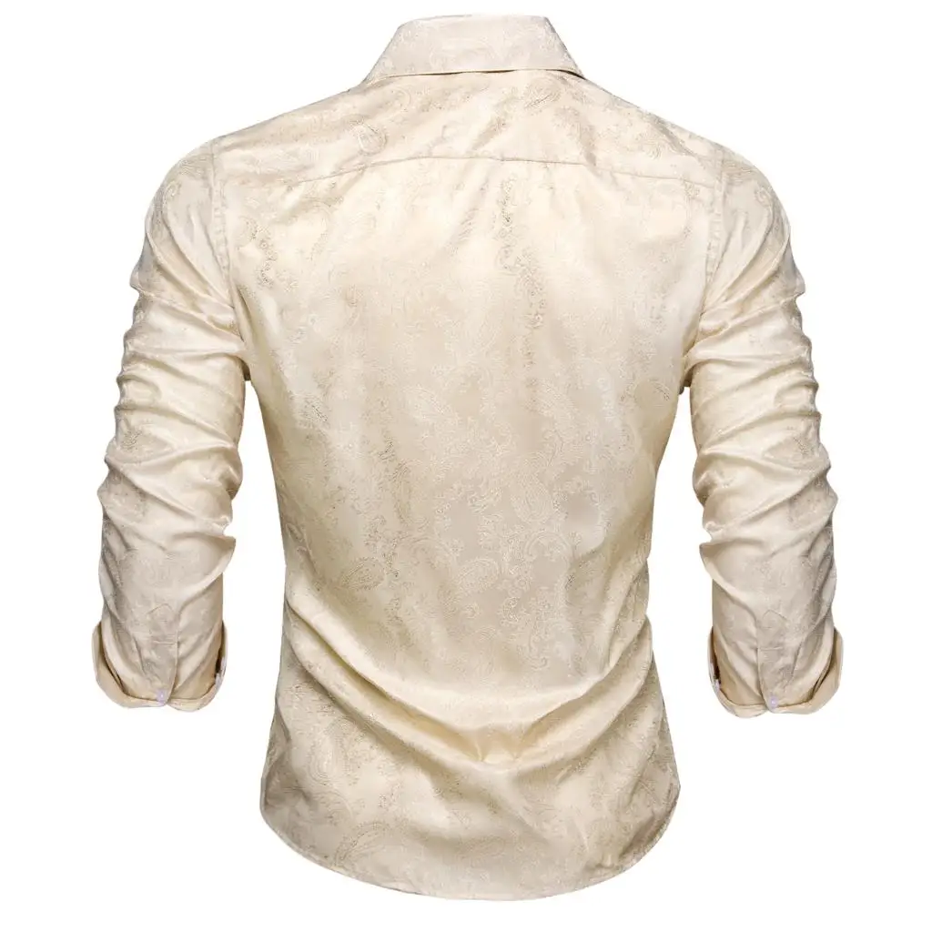 Hi-Tie Ivory Champagne Paisley Silk Men\'s ShirtLong Sleeve Casual Shirts For Men Jacquard Male Business Party Wedding Dress