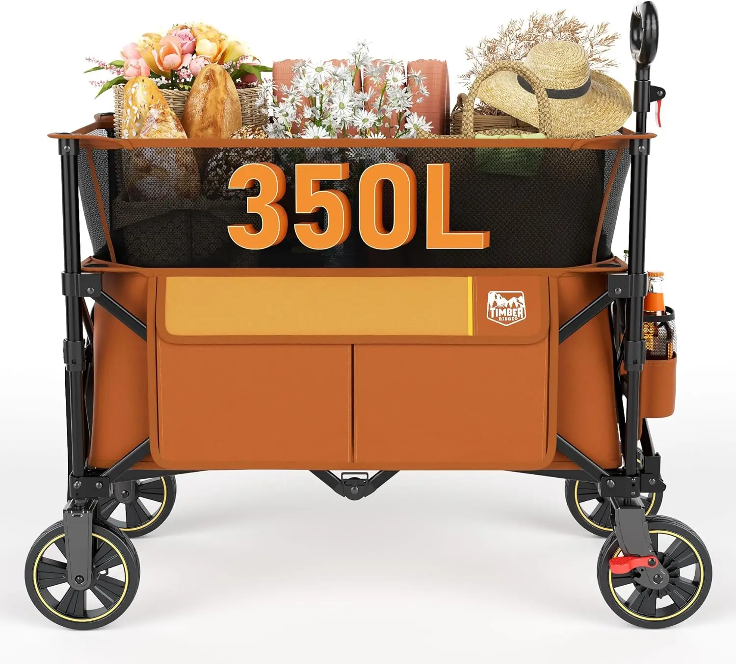 

Collapsible Folding Wagon 350L Extra Large with Brake, Heavy Duty Camping Utility Cart Outdoor, Extended Height Adjustable Handl