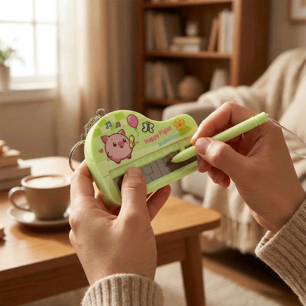 Portable Electronic Piano Keychain Novelty Built-In Sound Musical Instrument Keychain Penguin Cartoon Rabbit