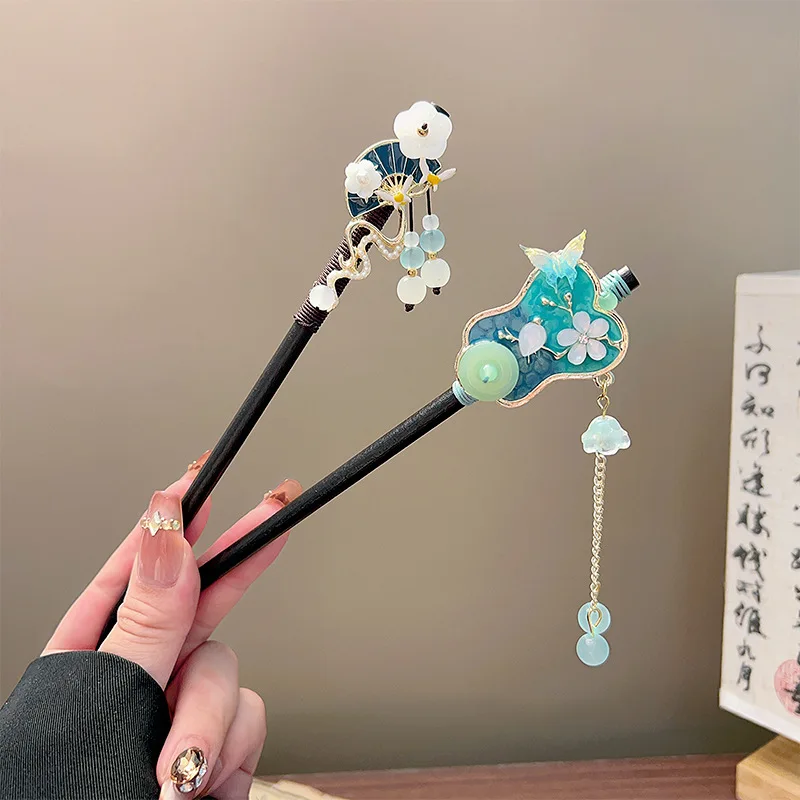 Classic Tassel Hair Stick Black Wooden Flowerl Pearl Hairpin Chinese Hanfu Hair Accessories Retro Bride Wedding Hair Bun Jewelry view 2