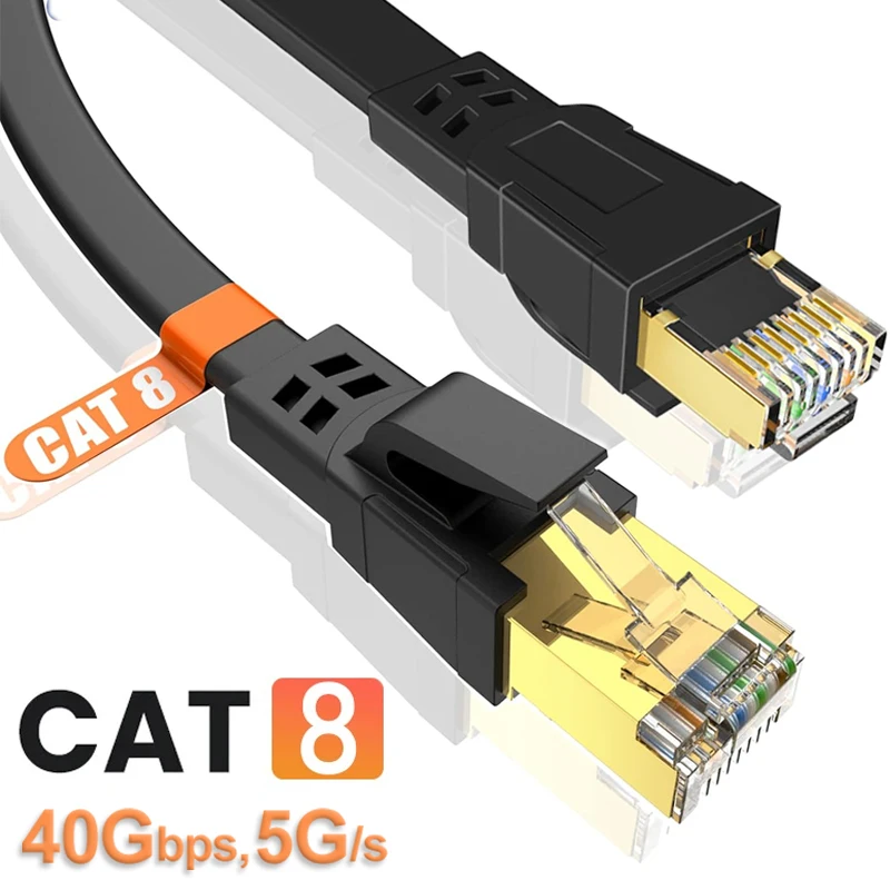 Cat8 Ethernet Cable Flat Lan Cable High Speed RJ45 40Gbps 2000Mhz For Home Networking Router Modem Computer PC And Laptops 1M 2M