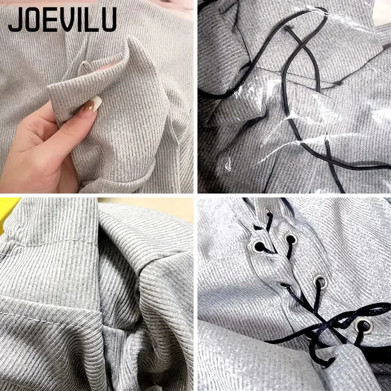 JOEVILU Bandage T-shirt Polo Neck Irregular CropTop Babes Korean Slim Long Sleeve Tee Vintage Gothic Y2k Clothes Skinny Shirt