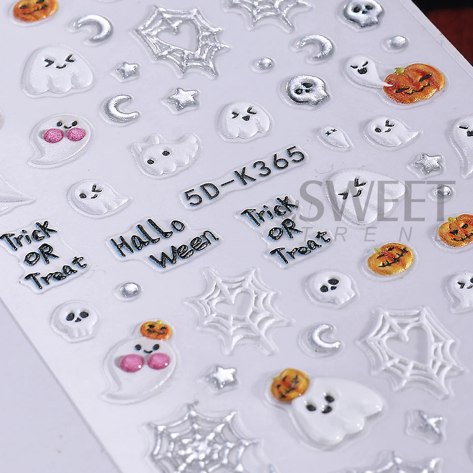 2pcs 5D Embossed Nail Stickers Cute Cat Pumpkin Star Skull Ghost Spider Web Adhesive Nail Decals Halloween Manicure Decoration