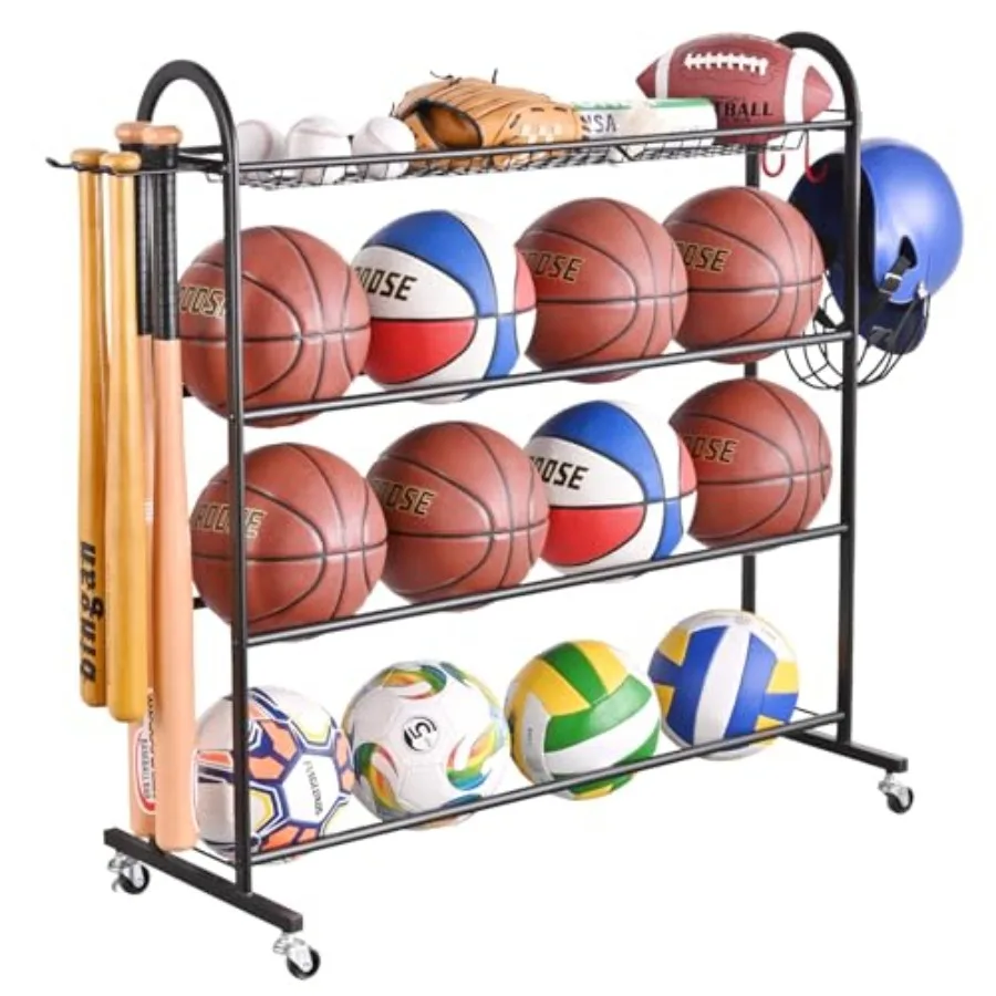 

Basketball Rack Rolling Ball Storage with Baseball Bat Holder and Hooks Sports Equipment Storage with Wheels for Volleyball Foo