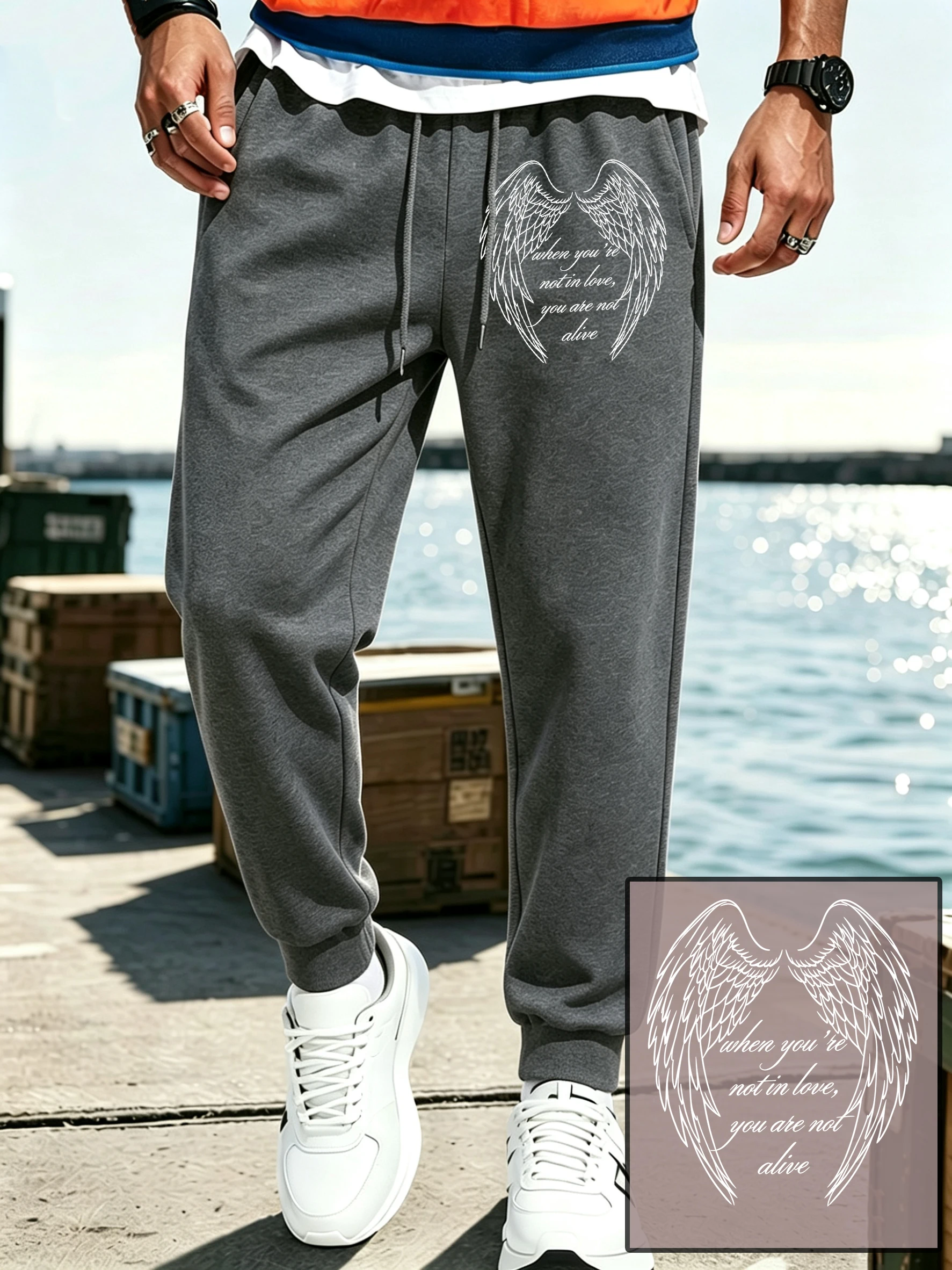 Angel Wings Love Letter Printed Men'S Jogging Pant Fashion Autumn Sweatpants Pocket Fleece Trousers Street Soft Sportpants