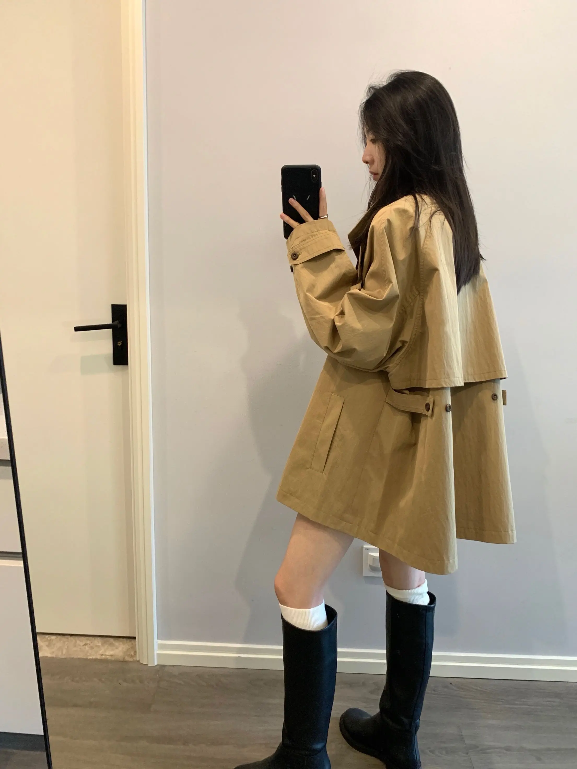 

Ветровка Awencoat цвета хаки, женская, маленький размер, весна-осень, новая, средней длины, на молнии, из хлопка и нейлона, повседневная куртка