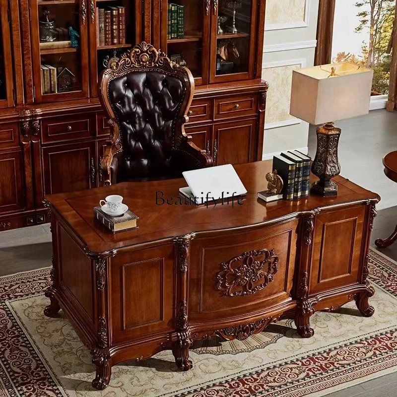 

02American solid wood office computer desk European retro luxury workbench study furniture