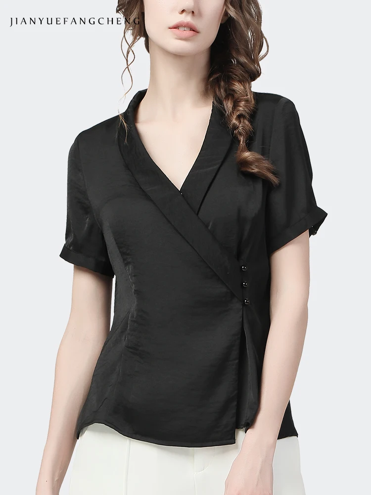 Womens Summer Short Sleeve V-Neck Satin Top Elegant Slim Asymmetrical Side Buckle Casual Blouses Small Shirt For Female