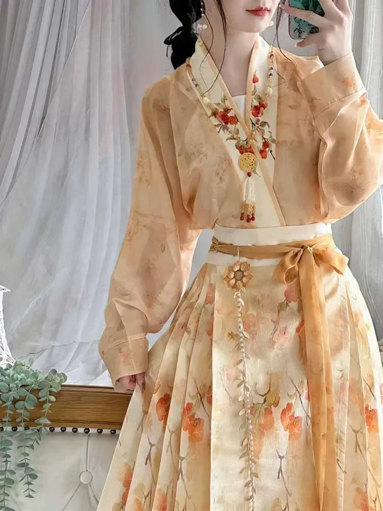 Chinese Ancient Hanfu Women Party Outfit 2024 Summer Printed Modern Yellow Top Pleated Skirt 3pcs Sets Hanfu Sets Plus Size XL