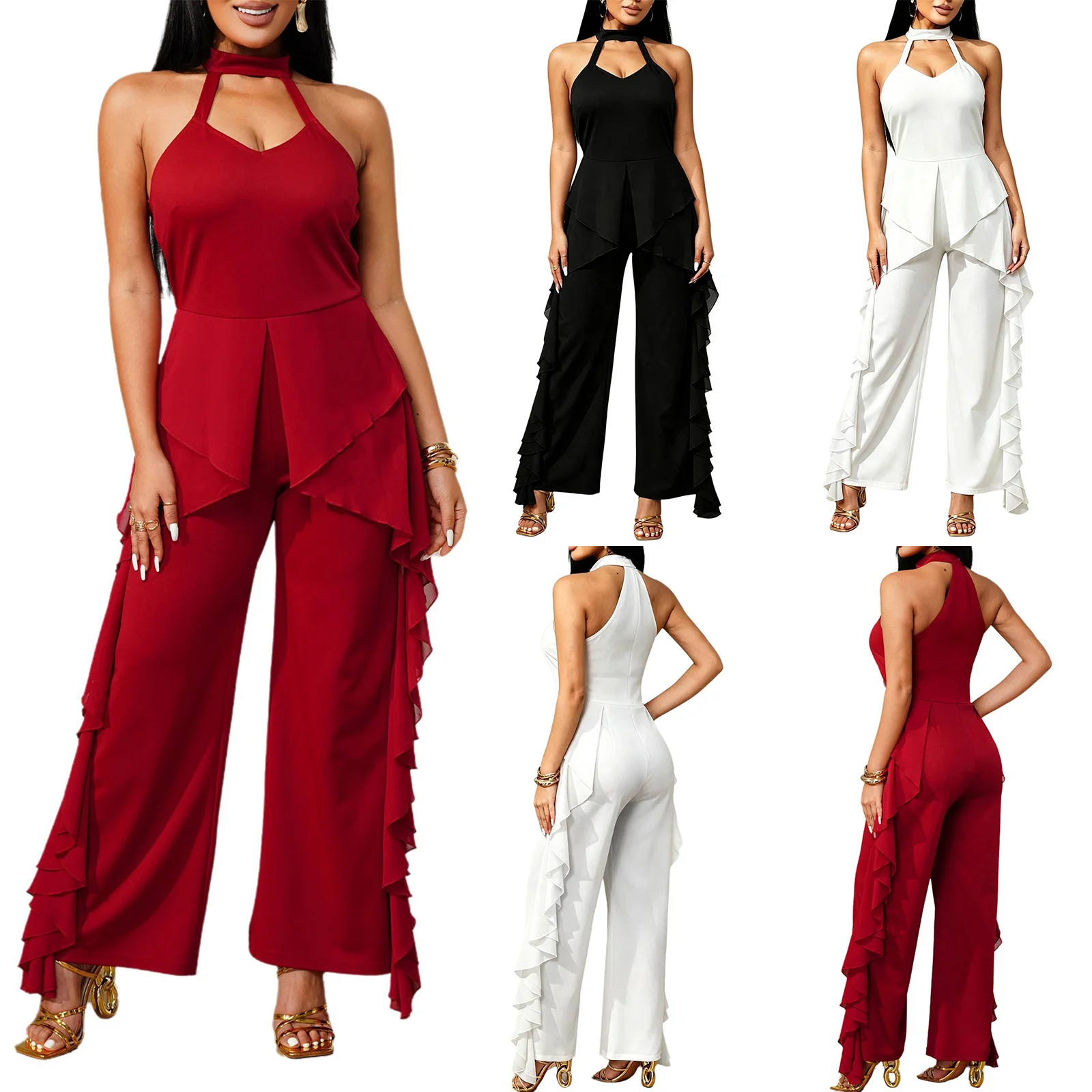 Women Halter Neck Sleeveless Layered Wide-leg Pants Bodysuit Jumpsuit with Back Zippper for Daily Wear Party Club Lyrical Dance