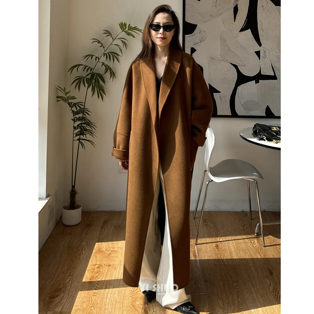 2024 Autumn new high-end caramel color green fruit collar double-sided wool coat long bathrobe lace-up woolen overcoat cloak