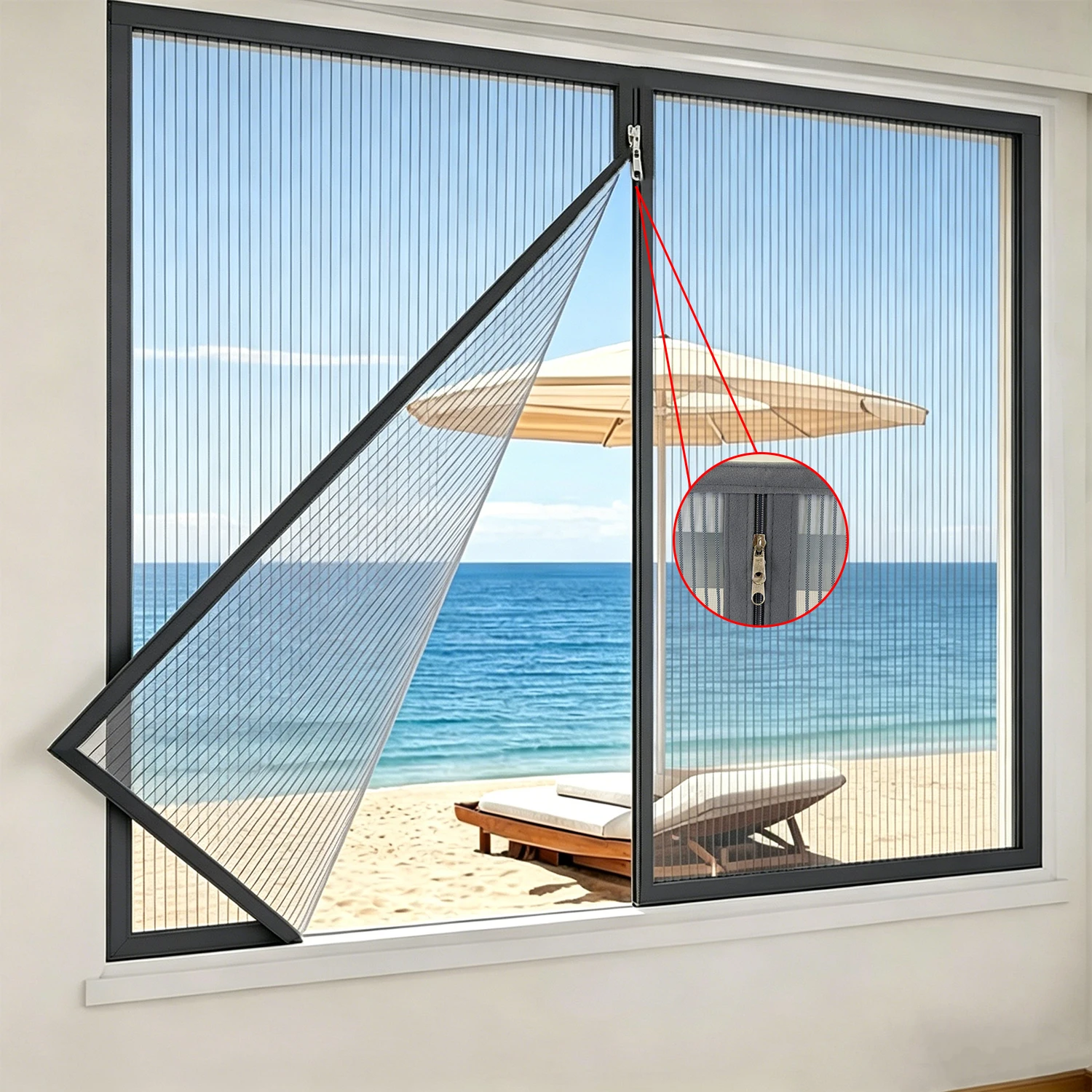 Zippered No-Drill Self-Adhesive Window Screen, Summer Mosquito Nets, Curtains and Window Treatments, Easy to Install