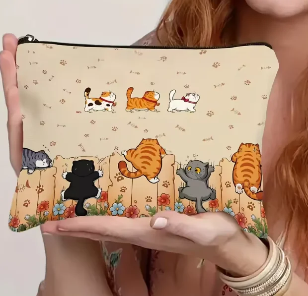 Makeup Bag - Adorable Kitten & Paw Print Design, Cat-Themed  Mixed Colors Travel Toiletry Organizer, Perfect Gift for Cat Lovers