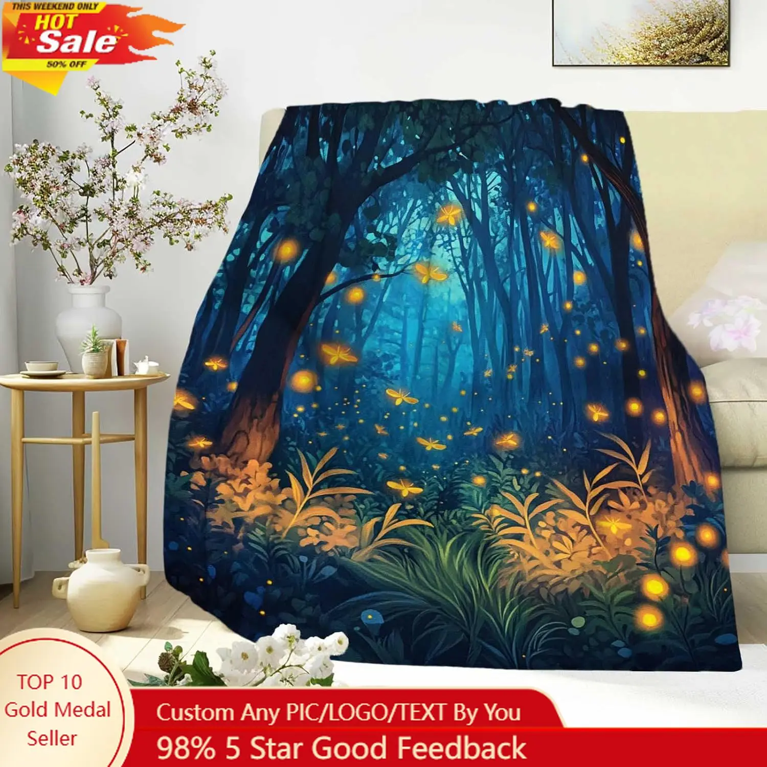 

Firefly Forest Scene Blanket for Adults Kids Cozy Decorative Lightweight Throw Glowing Nighttime Nature Theme Custom blankets
