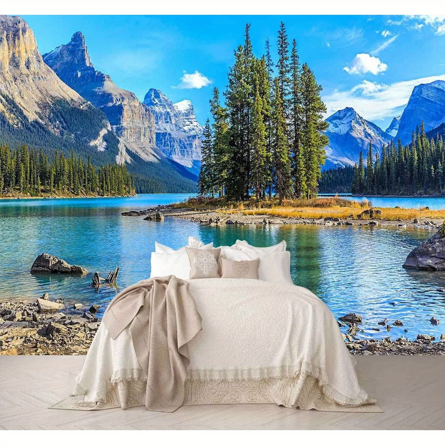 Majestic Mountain Lake Landscape Tapestry 2D Flat Pine Tree Snow Peak Wall Hanging for Living Room Bedroom Scenery Decor Fabric