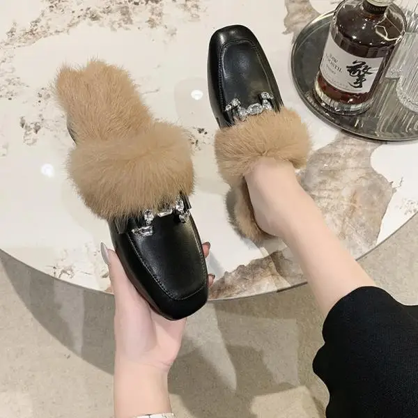 Scarpe donna 2024 pantofole in peluche per adulti mocassini donna Mule Cover Toe tacco quadrato muli in pelliccia Block Slides mocassini scarpe in