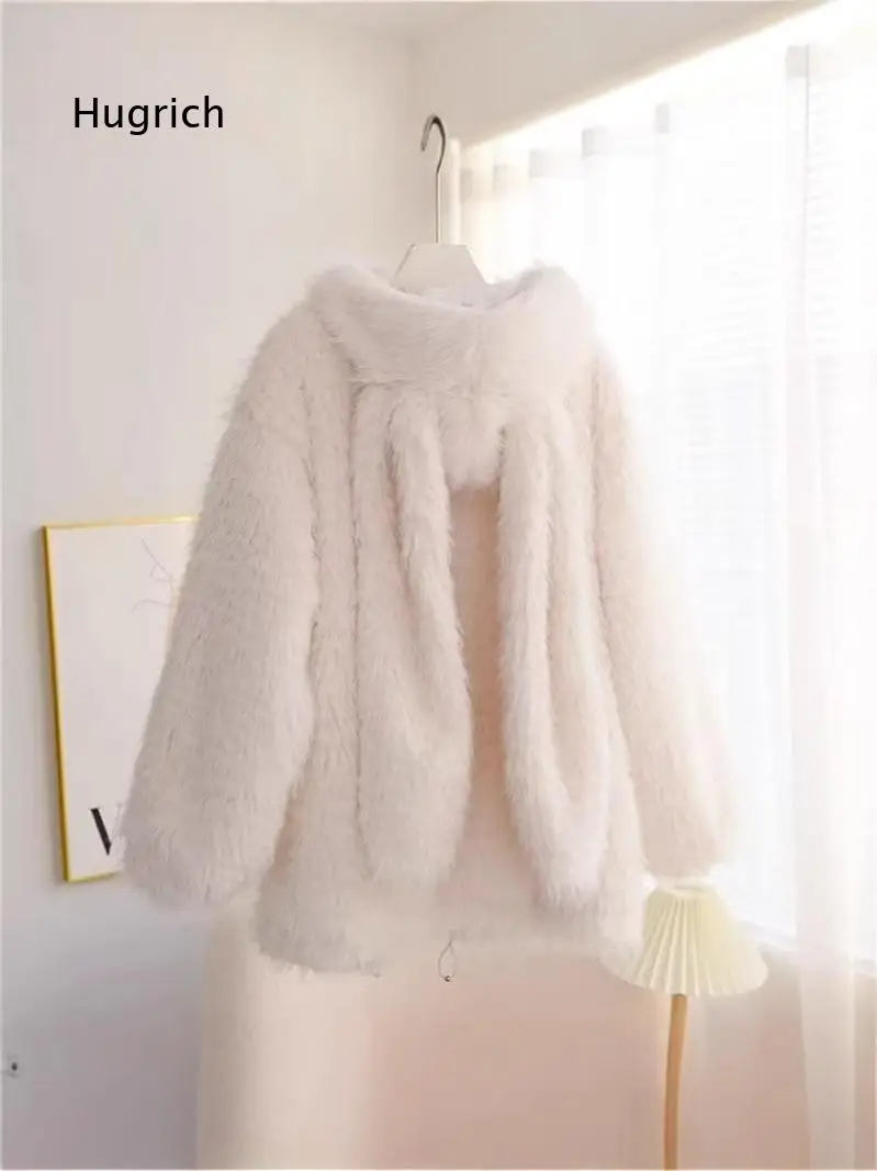 Women Hooded Faux Lamb Fleece Coat With Bunny Ear Design Sweet Style Loose Thickened Outerwear Soft Plush Texture For Autumn Wi