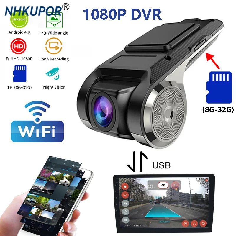 Caméra de tableau de bord DVR HD USB + Wifi, caméra avant 170 °, enregistreur automatique pour Android, Radio, lecteur multimédia, Surveillance ADAS