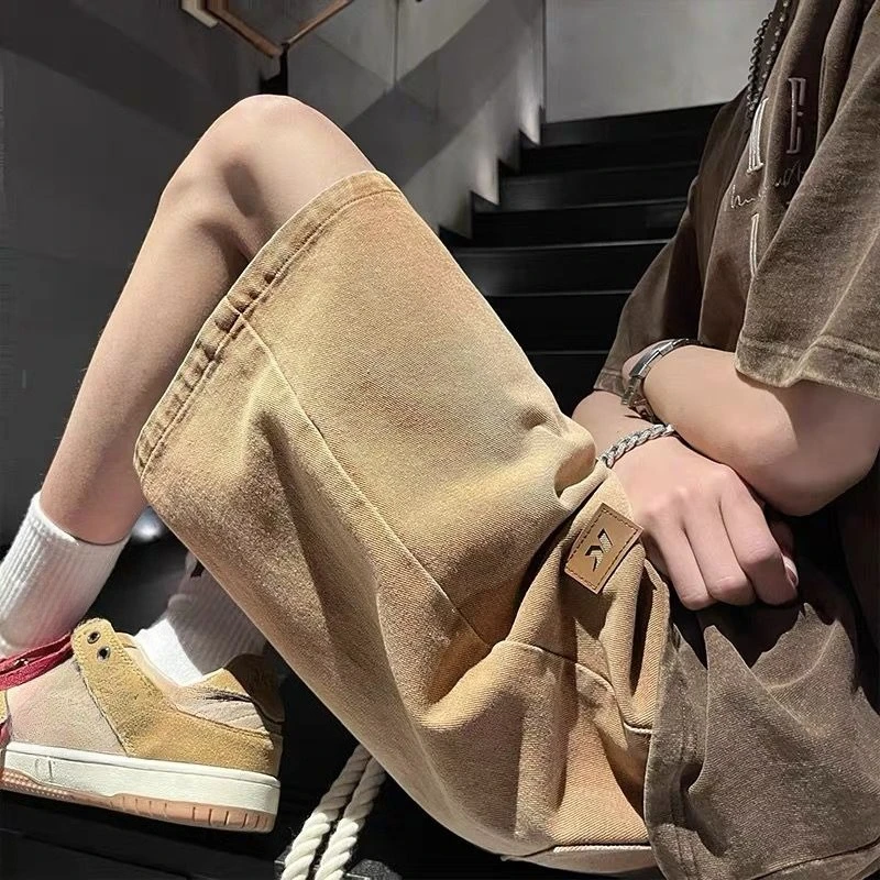 Celana Jeans Pendek Pria Setengah Lurus Longgar Tren 2025 Celana Pendek Denim Pria Desainer Populer Tipis Antik Y2k Fashion Retro Koboi