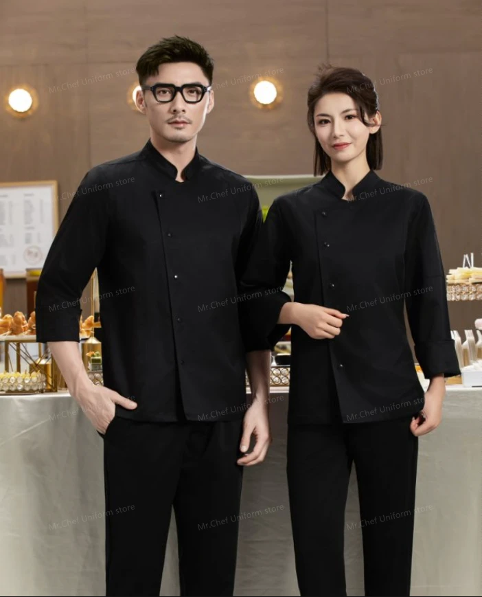 Restaurant blanc à manches longues Chef veste Chef uniforme Chef T-shirt boulanger travail uniforme serveur hôtel cuisinier manteau vêtements femmes Logo