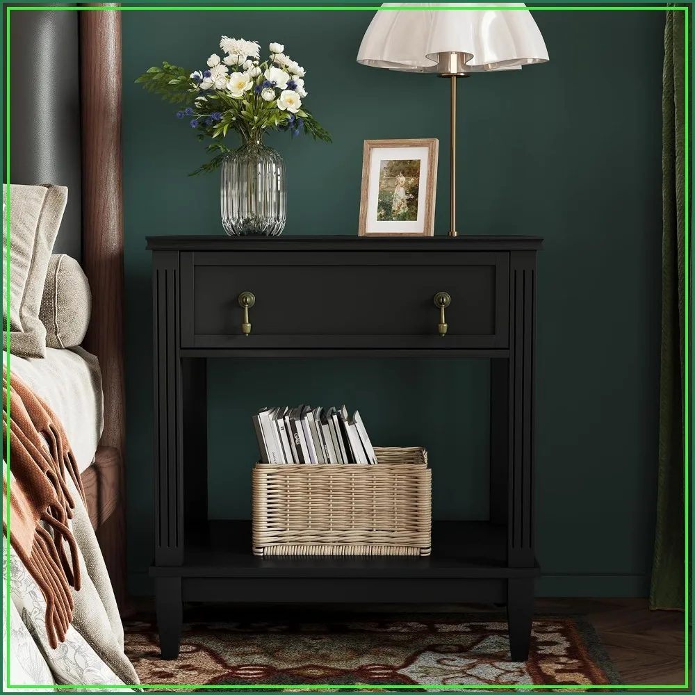 24 Inch Nightstand with Drawer & Open Shelf, Vintage Small Bedside Table with Handles, Black