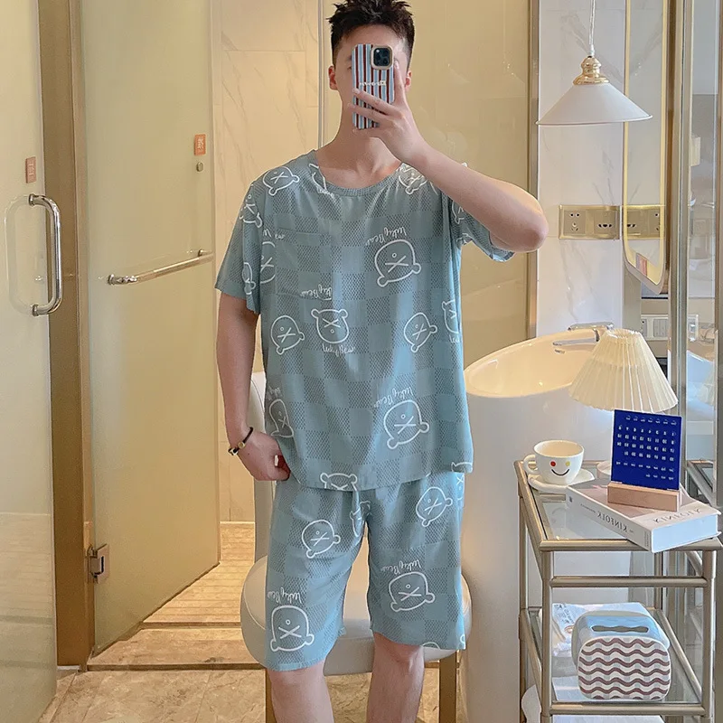 Two-Piece Set Fashion Sleepwear Short-Sleeved Men Silk Youth Pajamas Green Cartoon Bear Round Neck Home Wear Casual Breathable