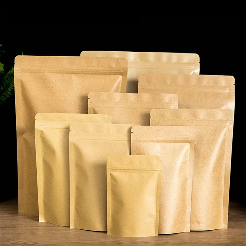 

50pcs Brown Kraft Paper Stand Up Self-sealing Zipper Bags Aluminized Thicken Food Dried Fruit Sealed Packaging