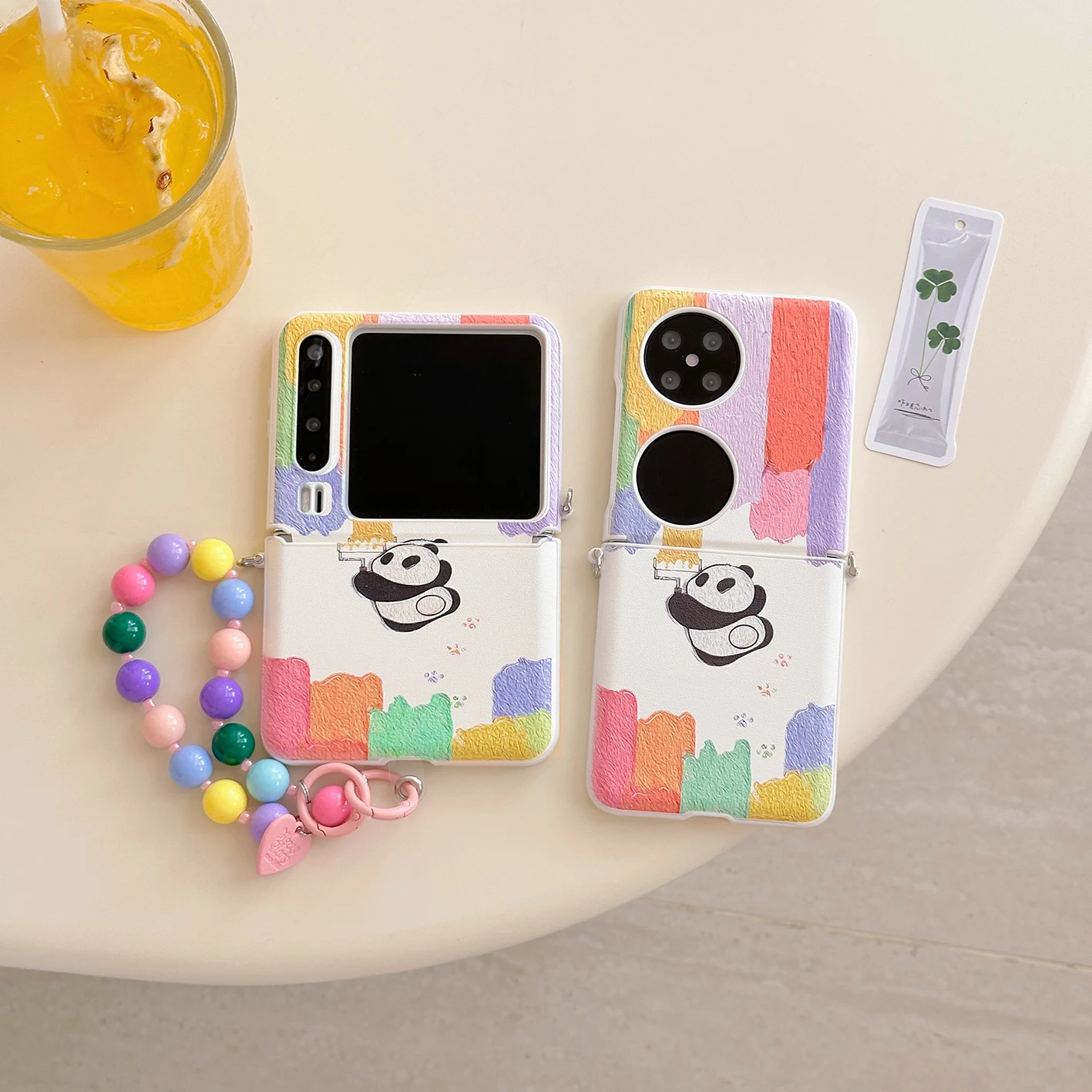 

Back Cover For Huawei Pura X Pocket 2 Case Colorful Wall Painting Panda Bracelet Chain Crossbody Lanyard Shockproof Phone Case