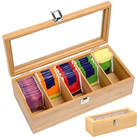 Bamboo Tea bag Storage Box Portable Teabag Holder with 5/8/12 Compartments Multipurpose Tea Packet Box for Home Office Spices