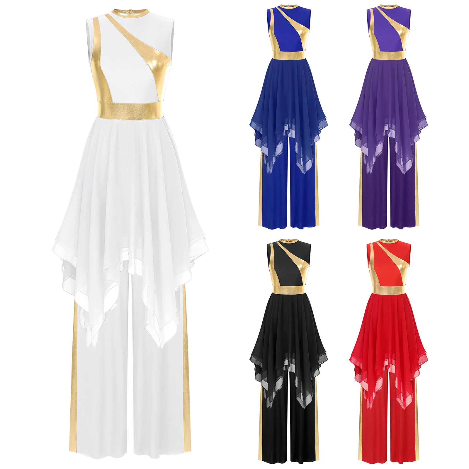 Women Modern Lyrical Dance Costumes Sleeveless Irregular Color Block Dress with Metallic Wide-Leg Pants Prom Party Competitions