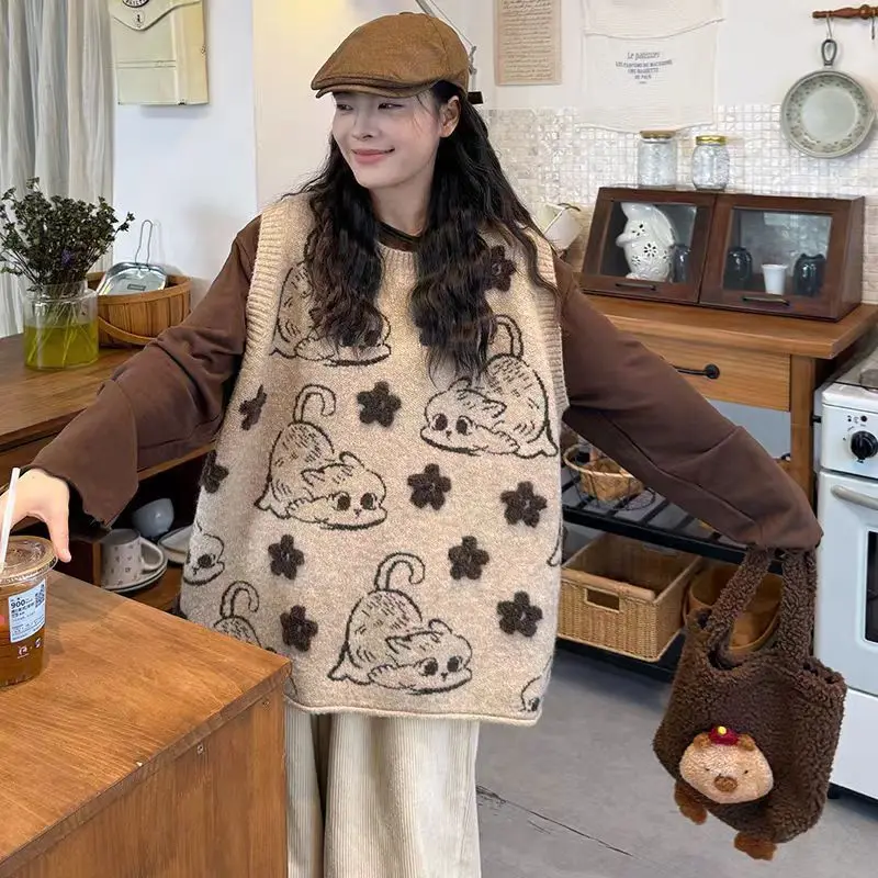 

Japan Three-Dimensional Cat Embroidery Flowers Age-Reducing Autumn And Winter New Vest Soft Waxy Vest